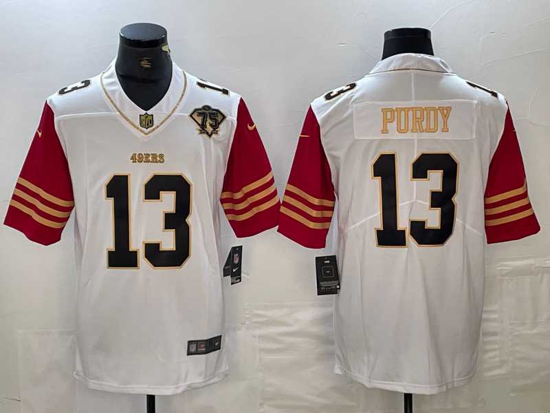 Mens San Francisco 49ers #13 Brock Purdy White 75th Patch Golden Edition Stitched Nike Limited Jersey Dzhi->san francisco 49ers->NFL Jersey